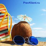 Coconut, flip flop, glasses on the seashore