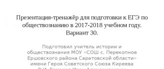 Presentation-simulator for preparing for the Unified State Exam in social studies in the 2017-2018 academic year. Option 30. Prepared by a history and social studies teacher at the Municipal Educational Institution “Secondary School with. Perekopnoye, Ershov district, Saratov region” named after Hero of the Soviet Union V.I. Kireev. Ermakov Ivan Alexandrovich 
